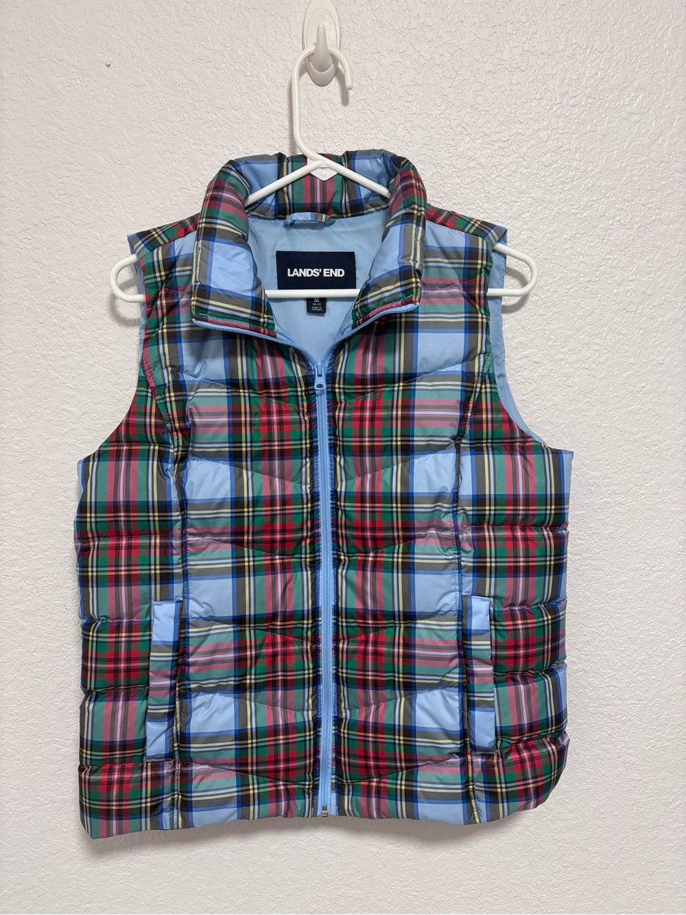 Lands' End Women’s  Plaid Puffer Vest - Light Blue, Red, Green